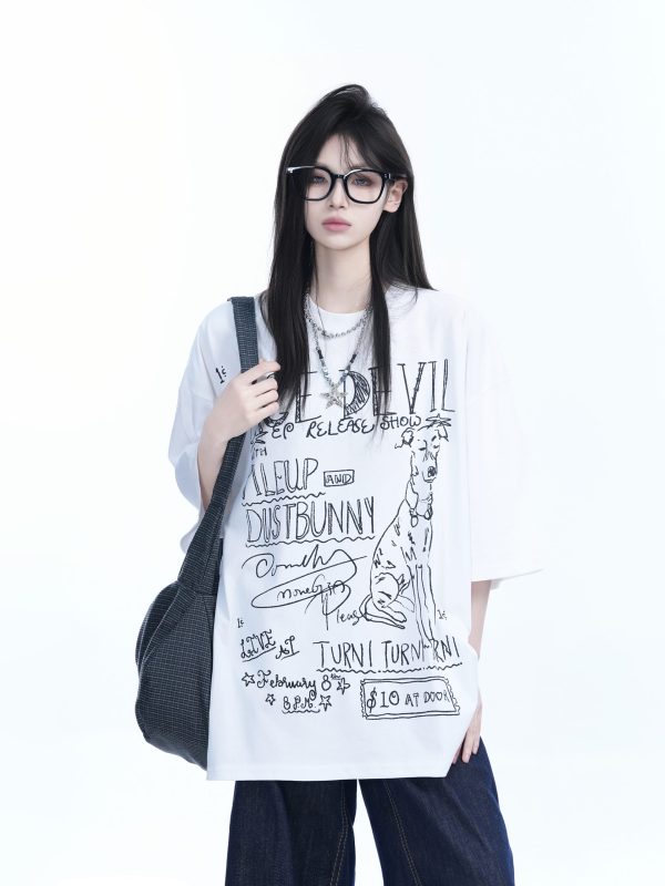 American Retro Graffiti Oversized Short Sleeve T-Shirt for Women - Sit and Eat Until the Mountains Are Empty Trendy Casual Style
