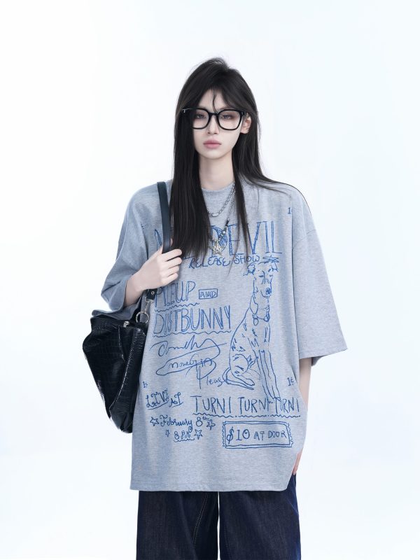 American Retro Graffiti Oversized Short Sleeve T-Shirt for Women - Sit and Eat Until the Mountains Are Empty Trendy Casual Style