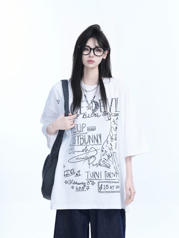 American Retro Graffiti Oversized Short Sleeve T-Shirt for Women - Sit and Eat Until the Mountains Are Empty Trendy Casual Style