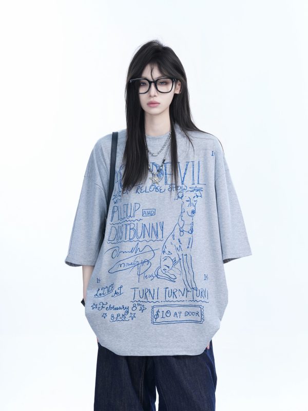 American Retro Graffiti Oversized Short Sleeve T-Shirt for Women - Sit and Eat Until the Mountains Are Empty Trendy Casual Style