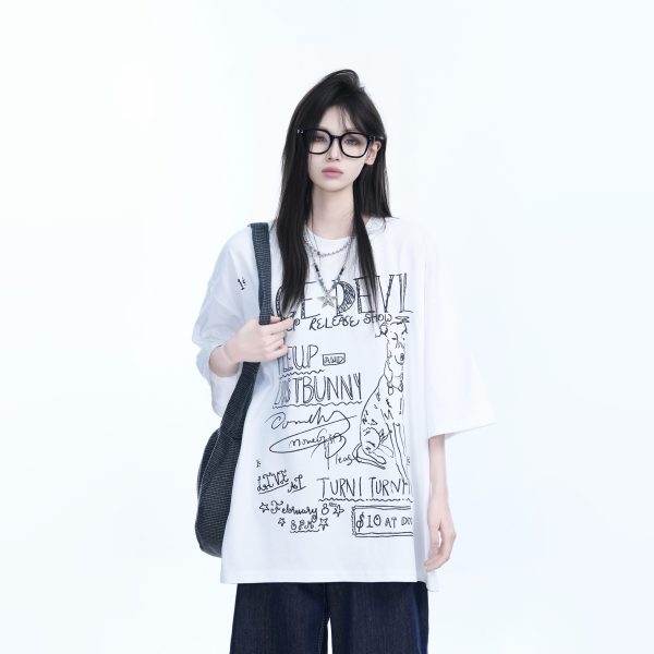 American Retro Graffiti Oversized Short Sleeve T-Shirt for Women - Sit and Eat Until the Mountains Are Empty Trendy Casual Style