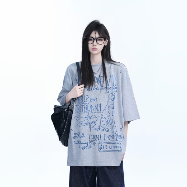 American Retro Graffiti Oversized Short Sleeve T-Shirt for Women - Sit and Eat Until the Mountains Are Empty Trendy Casual Style