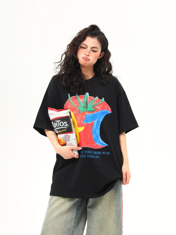 American Retro Graffiti Print Short-Sleeve T-Shirt for Women - Summer Loose Fit Casual Top, Y2K Streetwear Style