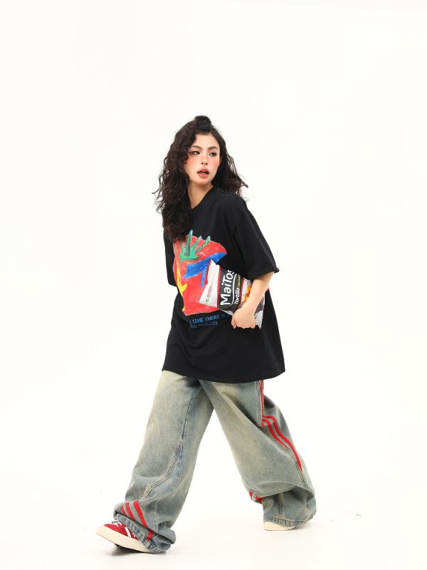 American Retro Graffiti Print Short-Sleeve T-Shirt for Women - Summer Loose Fit Casual Top, Y2K Streetwear Style