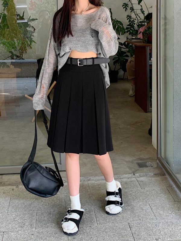 American Retro Gray Pleated Skirt - Women's Mid-Length A-Line College Style for Spring & Summer Plus Size Fashion
