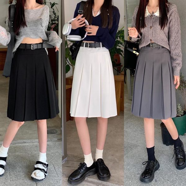 American Retro Gray Pleated Skirt - Women's Mid-Length A-Line College Style for Spring & Summer Plus Size Fashion