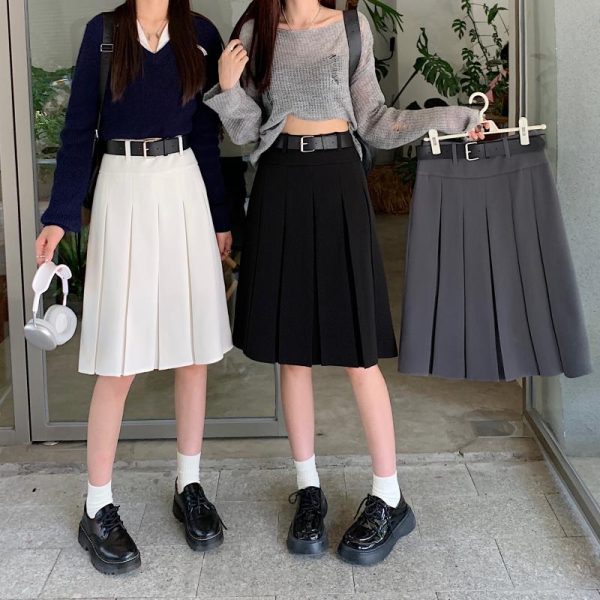American Retro Gray Pleated Skirt - Women's Mid-Length A-Line College Style for Spring & Summer Plus Size Fashion