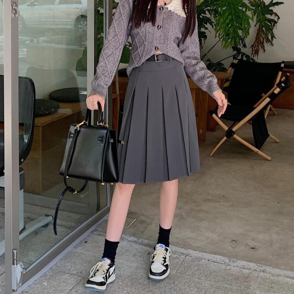 American Retro Gray Pleated Skirt - Women's Mid-Length A-Line College Style for Spring & Summer Plus Size Fashion