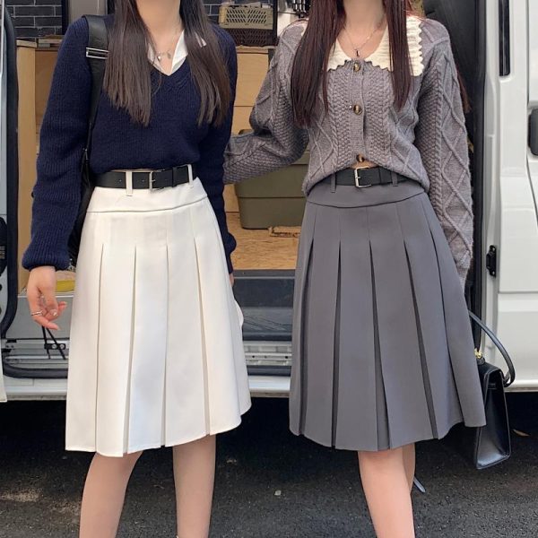 American Retro Gray Pleated Skirt - Women's Mid-Length A-Line College Style for Spring & Summer Plus Size Fashion