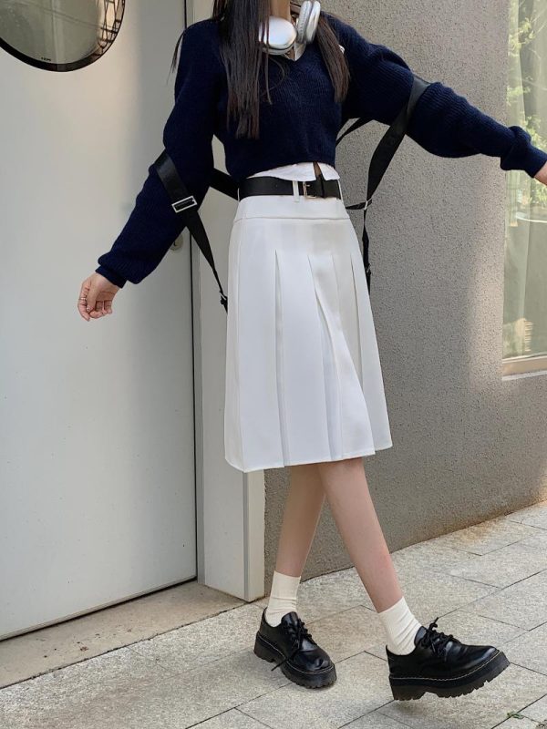 American Retro Gray Pleated Skirt - Women's Mid-Length A-Line College Style for Spring & Summer Plus Size Fashion