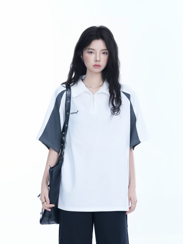 American Retro Half-Zip Collar Short-Sleeve T-Shirt for Women - Loose Fit Polo Style with Mountain-Inspired Graphic
