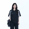 American Retro Half-Zip Collar Short-Sleeve T-Shirt for Women - Loose Fit Polo Style with Mountain-Inspired Graphic