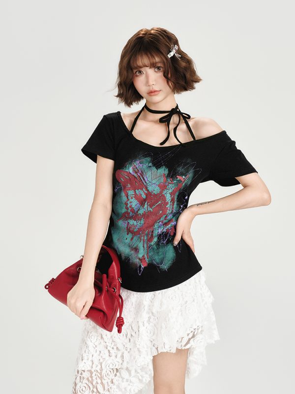 American Retro Halter One-Shoulder Short Sleeve T-Shirt for Women - Slim Fit Flattering Top, Summer Style for Trendy Girls