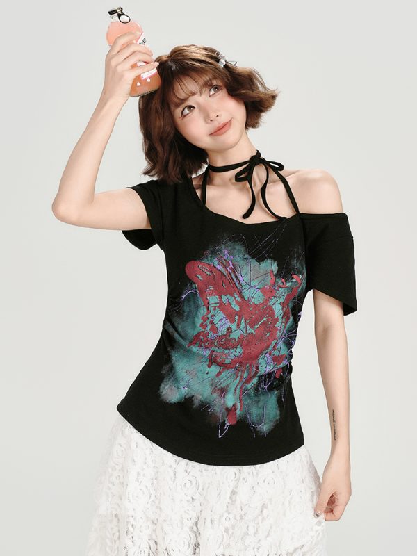 American Retro Halter One-Shoulder Short Sleeve T-Shirt for Women - Slim Fit Flattering Top, Summer Style for Trendy Girls