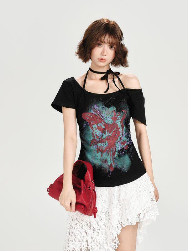 American Retro Halter One-Shoulder Short Sleeve T-Shirt for Women - Slim Fit Flattering Top, Summer Style for Trendy Girls