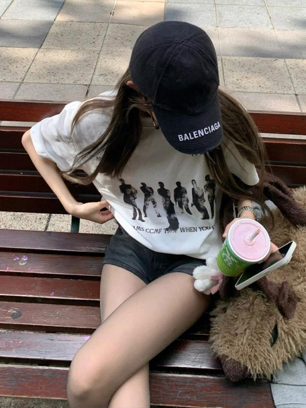 American Retro Hand-Drawn Couple Portrait Oversized T-Shirt for Women - Summer Short Sleeve Pure Cotton Loose Top