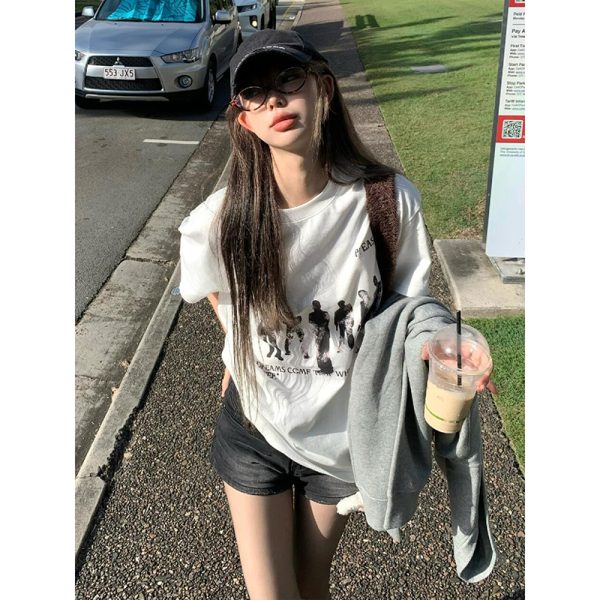 American Retro Hand-Drawn Couple Portrait Oversized T-Shirt for Women - Summer Short Sleeve Pure Cotton Loose Top