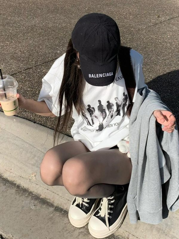 American Retro Hand-Drawn Couple Portrait Oversized T-Shirt for Women - Summer Short Sleeve Pure Cotton Loose Top