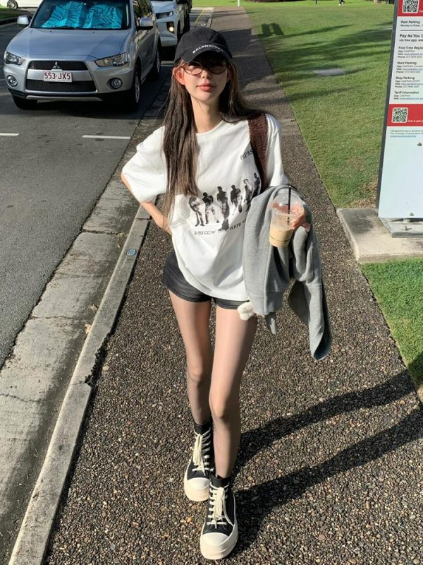 American Retro Hand-Drawn Couple Portrait Oversized T-Shirt for Women - Summer Short Sleeve Pure Cotton Loose Top