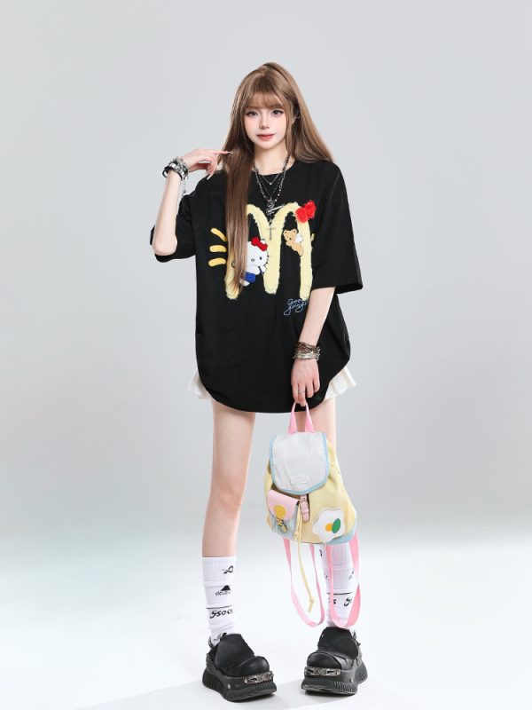 American Retro Hello Kitty Embroidered Short Sleeve T-Shirt for Women - Casual Summer Top with Vintage 90s Style