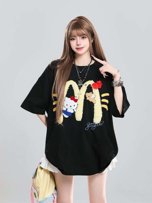 American Retro Hello Kitty Embroidered Short Sleeve T-Shirt for Women - Casual Summer Top with Vintage 90s Style