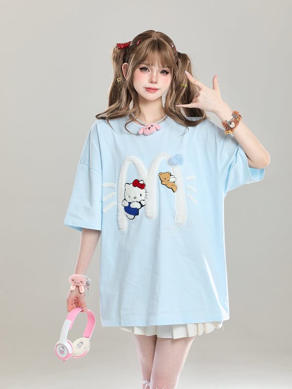 American Retro Hello Kitty Embroidered Short Sleeve T-Shirt for Women - Casual Summer Top with Vintage 90s Style