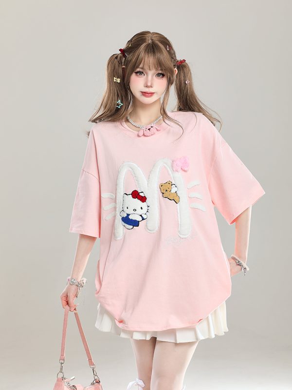American Retro Hello Kitty Embroidered Short Sleeve T-Shirt for Women - Casual Summer Top with Vintage 90s Style