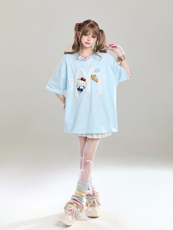 American Retro Hello Kitty Embroidered Short Sleeve T-Shirt for Women - Casual Summer Top with Vintage 90s Style