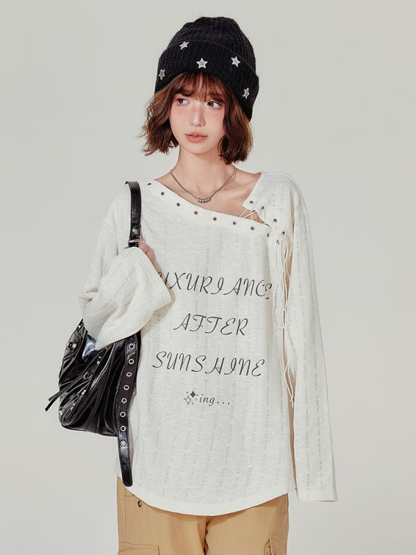 American Retro Hollowed-Out Long Sleeve T-Shirt for Women - Loose Fit, Niche Style, Autumn 2023 Fashion