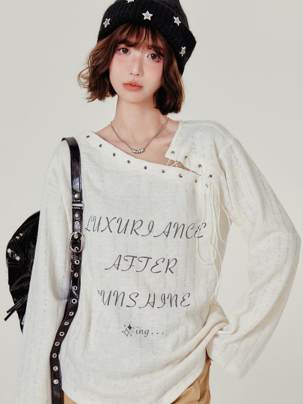 American Retro Hollowed-Out Long Sleeve T-Shirt for Women - Loose Fit, Niche Style, Autumn 2023 Fashion