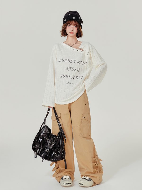 American Retro Hollowed-Out Long Sleeve T-Shirt for Women - Loose Fit, Niche Style, Autumn 2023 Fashion