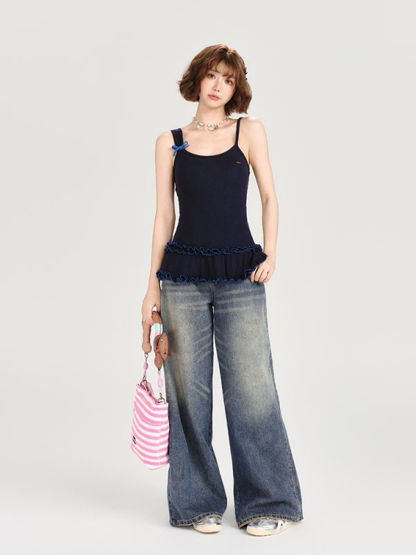American Retro Lace Hem Camisole for Women - Summer Slim-Fit Top, Versatile Y2K Style