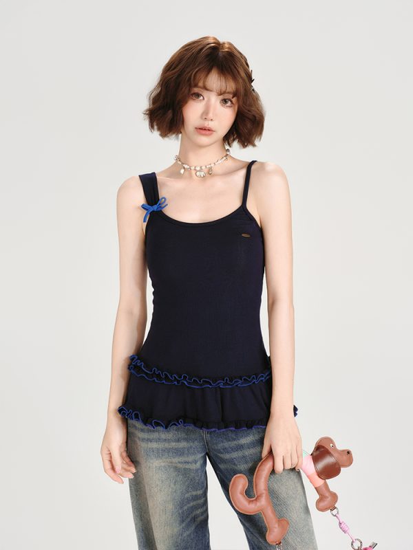 American Retro Lace Hem Camisole for Women - Summer Slim-Fit Top, Versatile Y2K Style