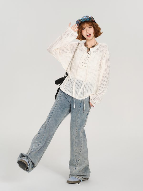 American Retro Lace-Up Hollow Sun Protection Shirt for Women - Summer Casual Loose Slimming Top