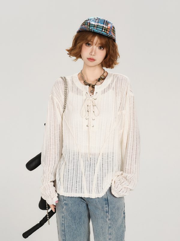 American Retro Lace-Up Hollow Sun Protection Shirt for Women - Summer Casual Loose Slimming Top