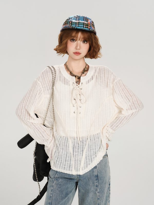 American Retro Lace-Up Hollow Sun Protection Shirt for Women - Summer Casual Loose Slimming Top