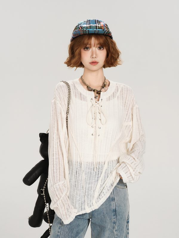American Retro Lace-Up Hollow Sun Protection Shirt for Women - Summer Casual Loose Slimming Top