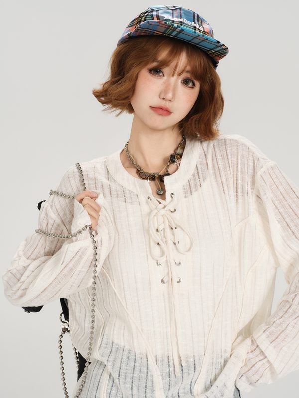 American Retro Lace-Up Hollow Sun Protection Shirt for Women - Summer Casual Loose Slimming Top