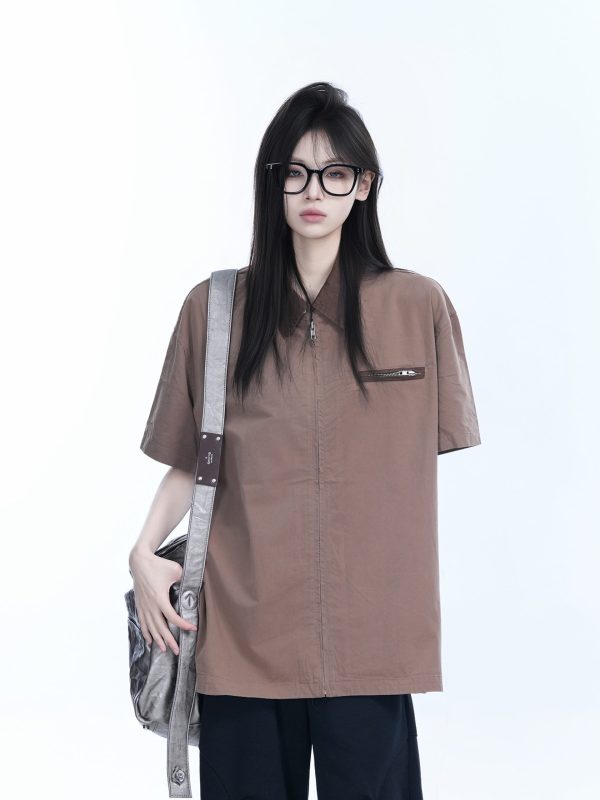 American Retro Lapel Zip Short Sleeve Shirt for Women - Gender-Neutral Loose Fit with Unique Niche Design, Casual Vintage Style