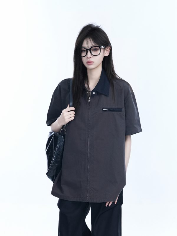 American Retro Lapel Zip Short Sleeve Shirt for Women - Gender-Neutral Loose Fit with Unique Niche Design, Casual Vintage Style