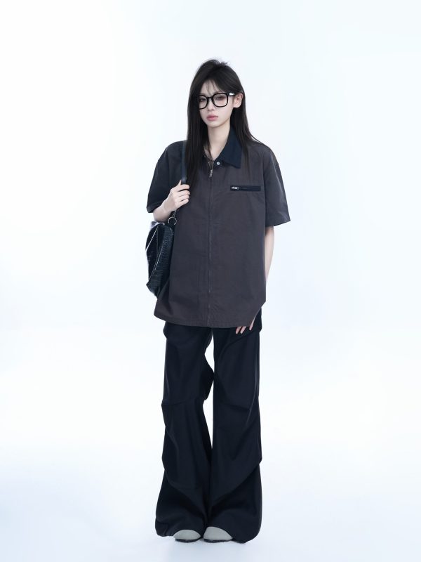 American Retro Lapel Zip Short Sleeve Shirt for Women - Gender-Neutral Loose Fit with Unique Niche Design, Casual Vintage Style