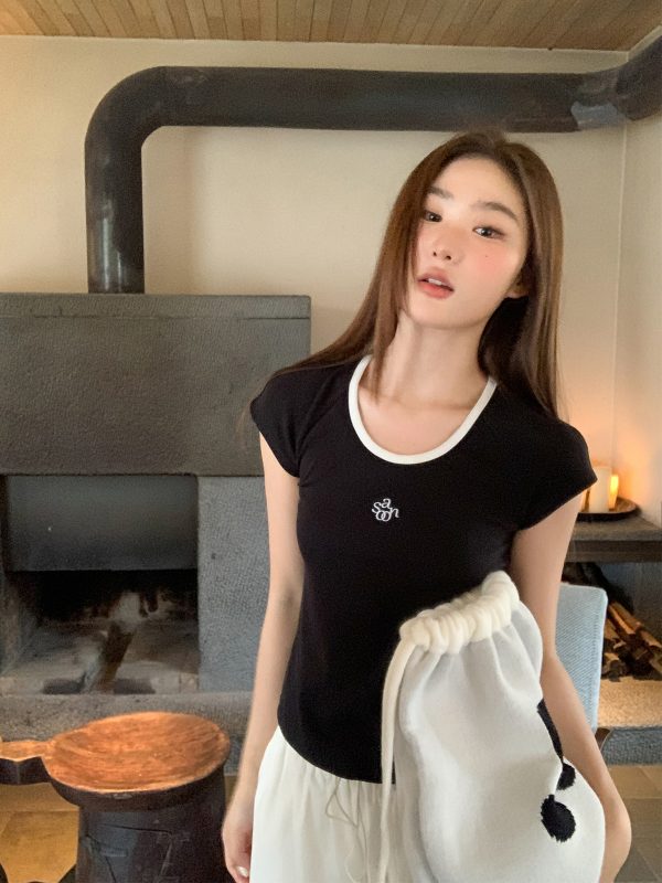 American Retro Letter Embroidery Color-Blocking U-Neck Short Sleeve T-Shirt for Women - Summer Slim Fit 90s Style Top