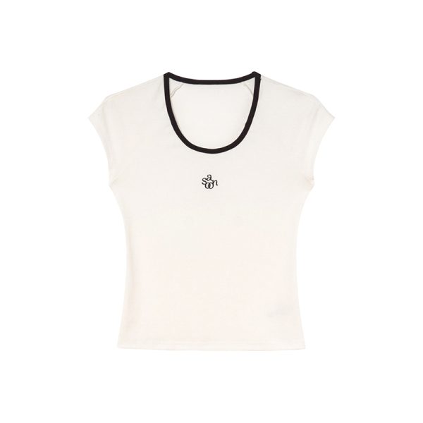 American Retro Letter Embroidery Color-Blocking U-Neck Short Sleeve T-Shirt for Women - Summer Slim Fit 90s Style Top