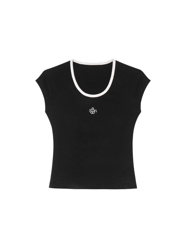 American Retro Letter Embroidery Color-Blocking U-Neck Short Sleeve T-Shirt for Women - Summer Slim Fit 90s Style Top