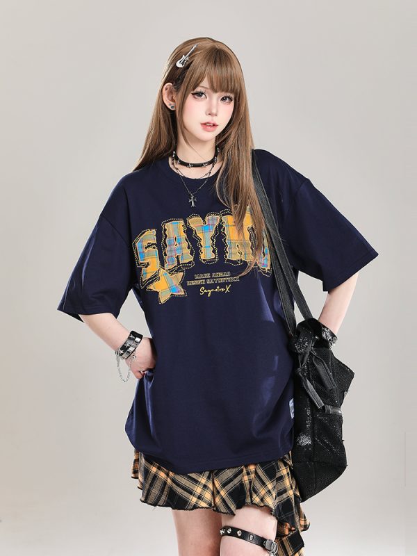 American Retro Letter Embroidery Short Sleeve T-Shirt for Women - Stylish Loose Fit College Casual Top for Summer 2025
