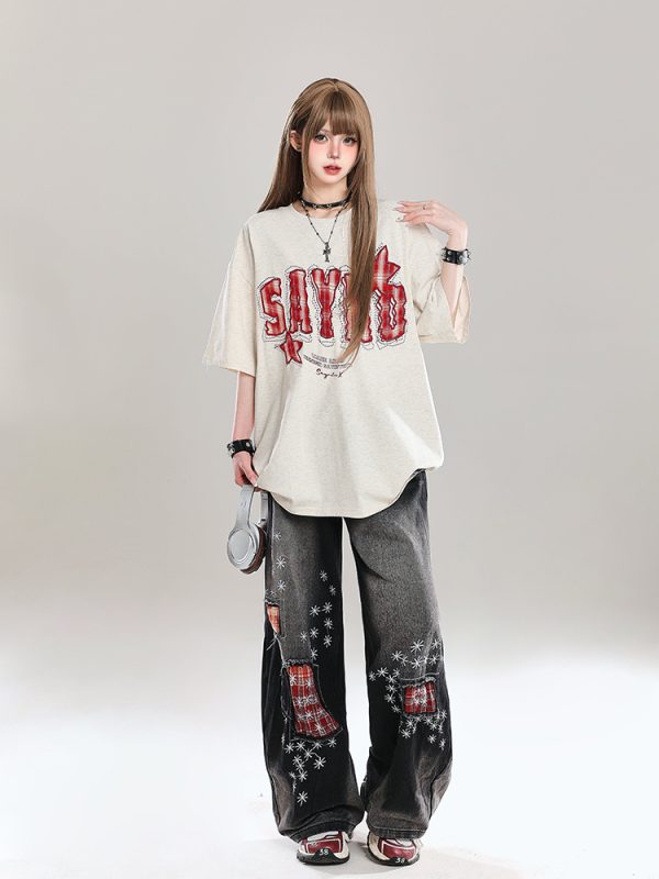 American Retro Letter Embroidery Short Sleeve T-Shirt for Women - Stylish Loose Fit College Casual Top for Summer 2025
