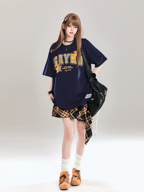 American Retro Letter Embroidery Short Sleeve T-Shirt for Women - Stylish Loose Fit College Casual Top for Summer 2025