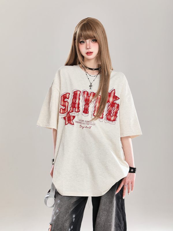 American Retro Letter Embroidery Short Sleeve T-Shirt for Women - Stylish Loose Fit College Casual Top for Summer 2025