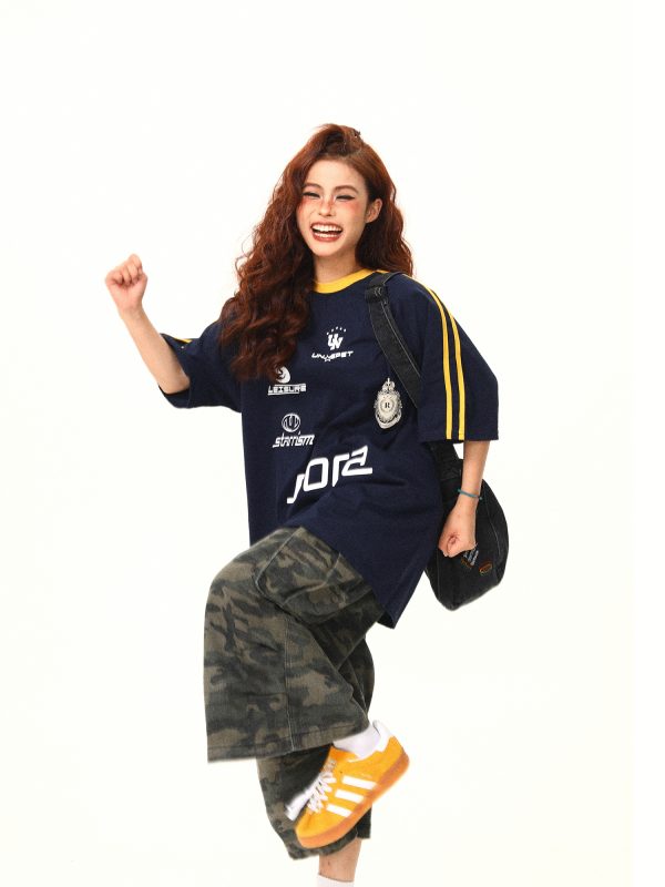 American Retro Letter Print Short-Sleeve T-Shirt for Women, Summer Loose Sports Style, Versatile Casual Top