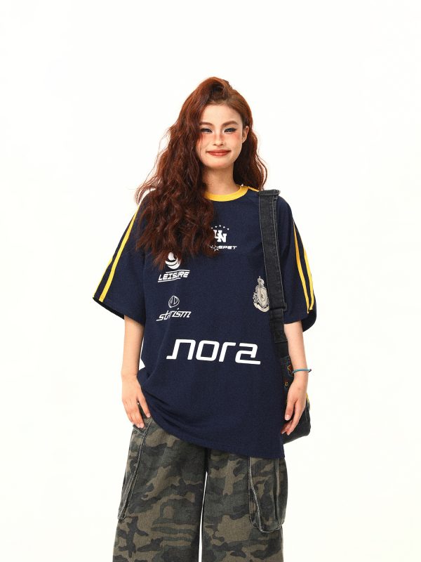 American Retro Letter Print Short-Sleeve T-Shirt for Women, Summer Loose Sports Style, Versatile Casual Top